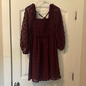 Burgundy Sheer Sleeves Dress